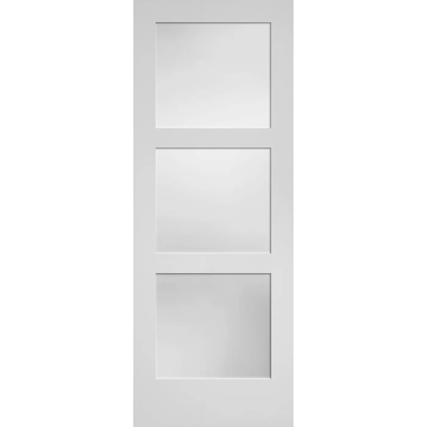 White door with three equal square frosted glass panel stacked vertically.
