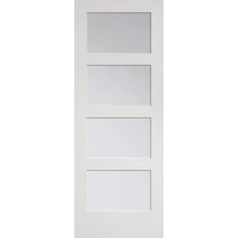 White door with four equal rectangular frosted glass panel stacked vertically.