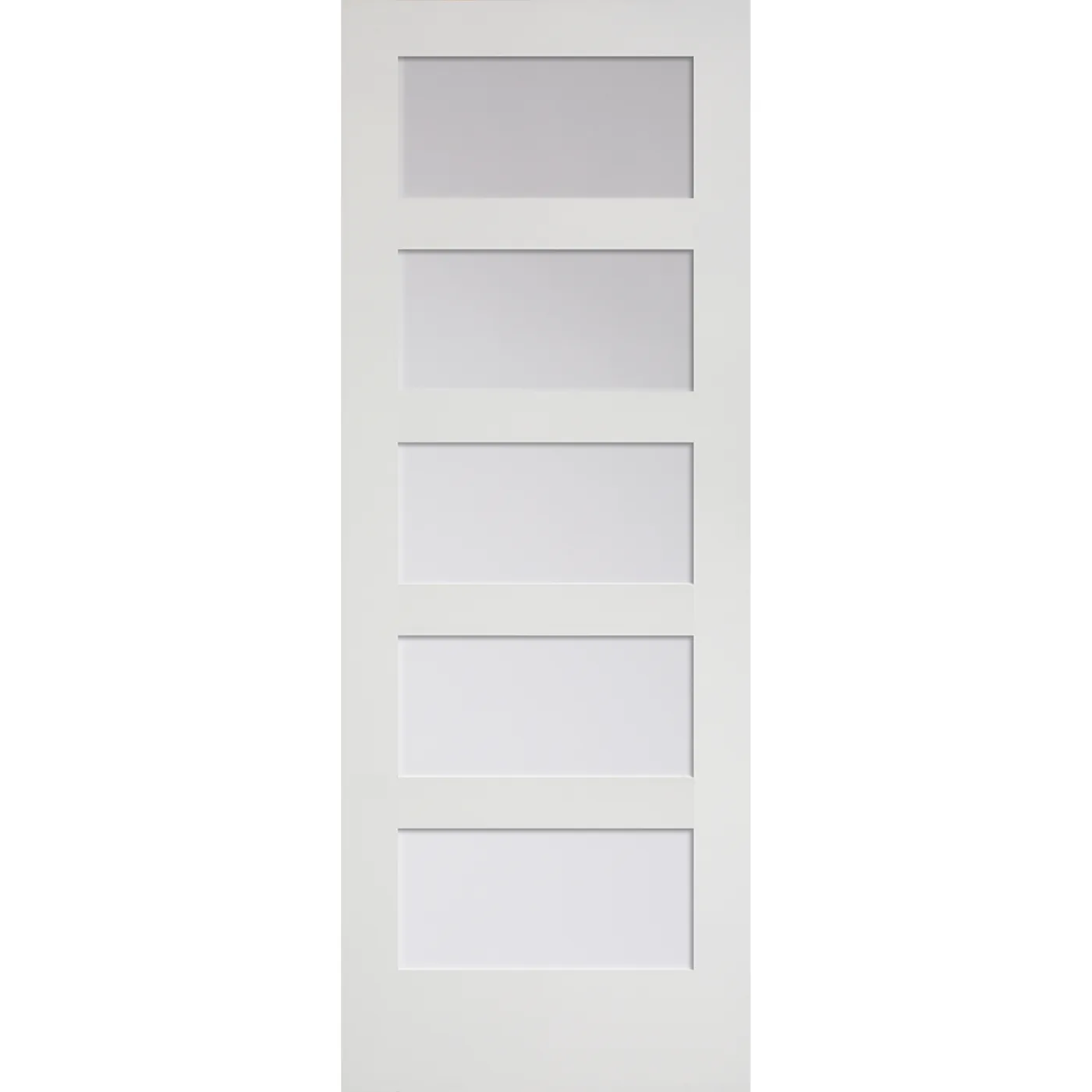 White door with four equal rectangular frosted glass panel stacked vertically.