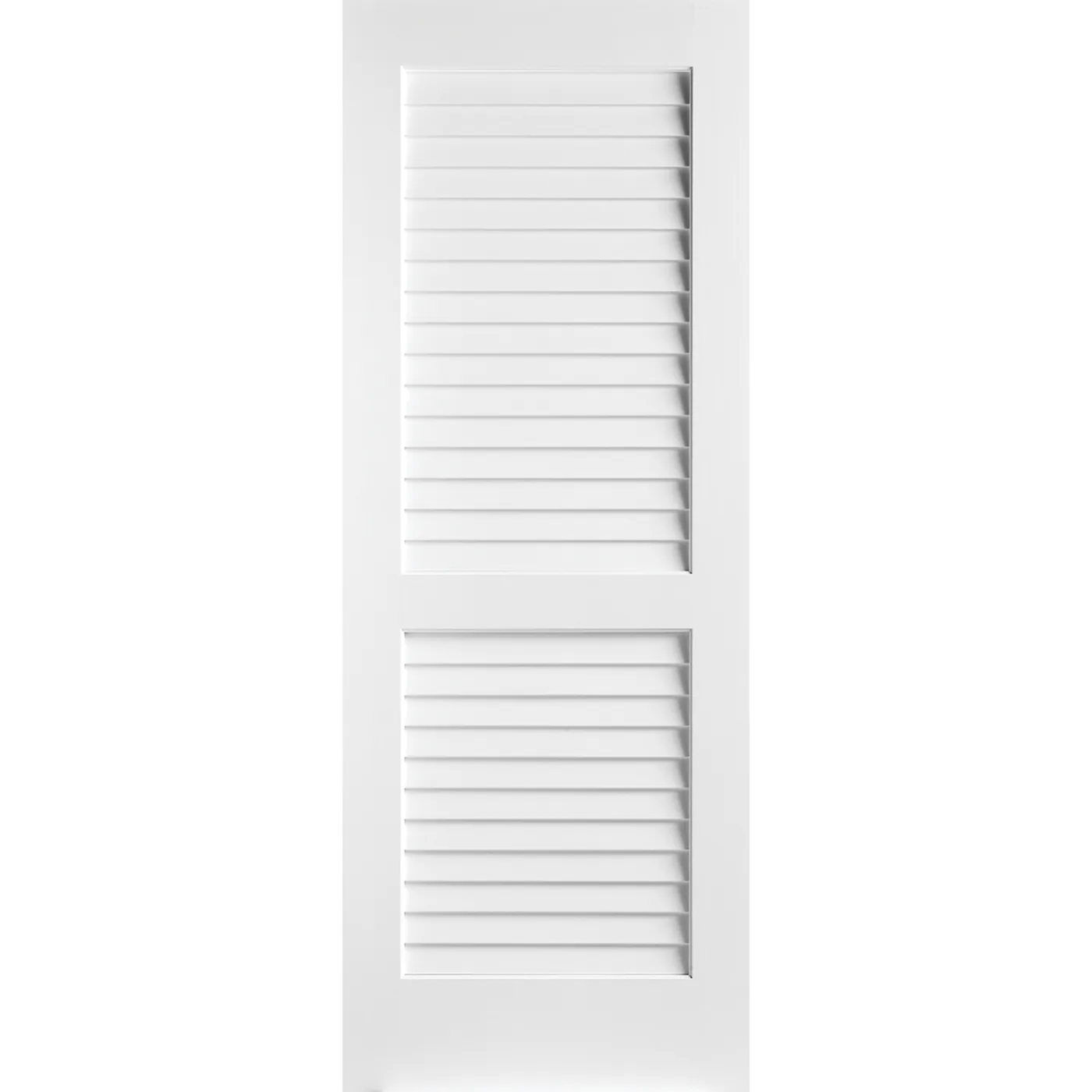 White door with one long rectangular louvered panel and one shorter rectangular louvered panel underneath it.