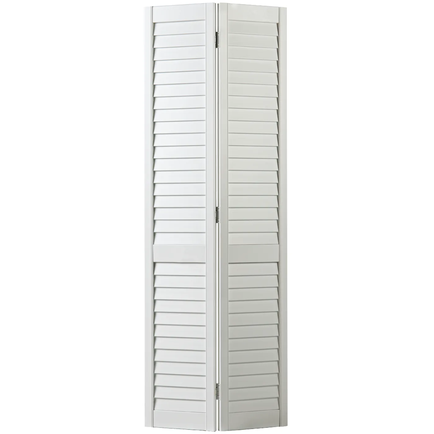 White bifold door with one long rectangular louvered panel and one shorter rectangular louvered panel underneath it.