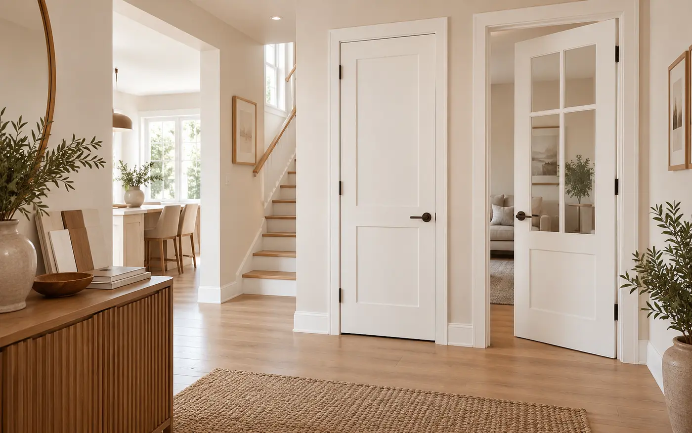 Intérieur lumineux avec portes blanches coordonnées